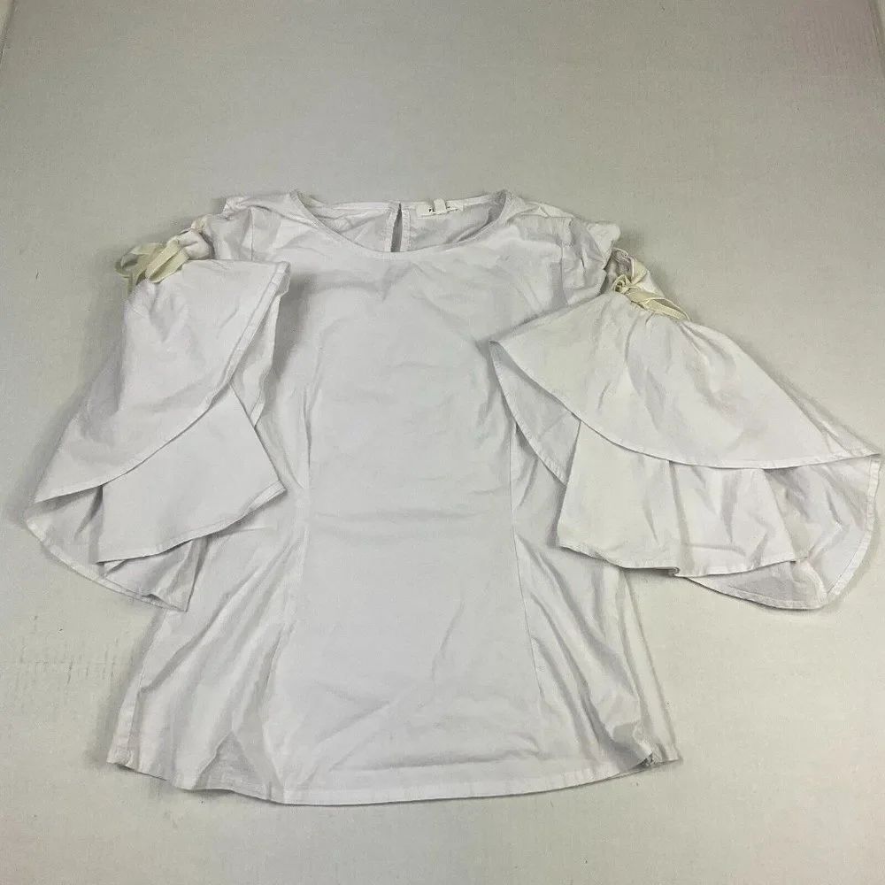 Pleione Womens Blouse White Flared Tie 3/4 Sleeve Side Zip Shirt Top Size Small